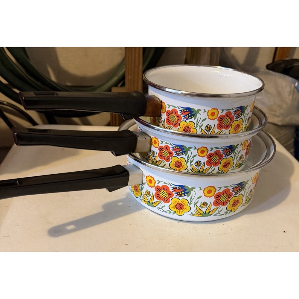 Vintage Cookware Enamel Sauce Pan Pot Retro Floral Primavera Set of 3 Pots 2Lids